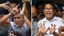 Dalam gambar kombinasi yang dibuat dari dua foto, wartawan Reuters Kyaw Soe Oo (kiri) dan Wa Lone diborgol saat mereka dikawal oleh polisi di luar pengadilan di Yangon, Myanmar Senin (3/9). Mereka berdua dijatuhi hukuman 7 tahun penjara. (AP/Thein Zaw)