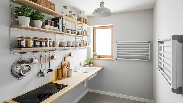 Dapur dengan Rak Gantung Multifungsi dan Jemuran Lipat