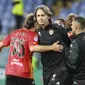 Pelatih Benevento, Filippo Inzaghi merayakan keberhasilan tim mengalahkan Sampdoria dengan skor 3-2 di Liga Italia 2020/2021.  (Tano Pecoraro/LaPresse via AP)