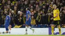 Pemain Chelsea, Raheem Sterling, melakukan selebrasi setelah mencetak gol ke gawang Borussia Dortmund pada leg kedua 16 besar Liga Champions di Stadion Stamford Bridge, Rabu (8/3/2023). (AP Photo/Alastair Grant)