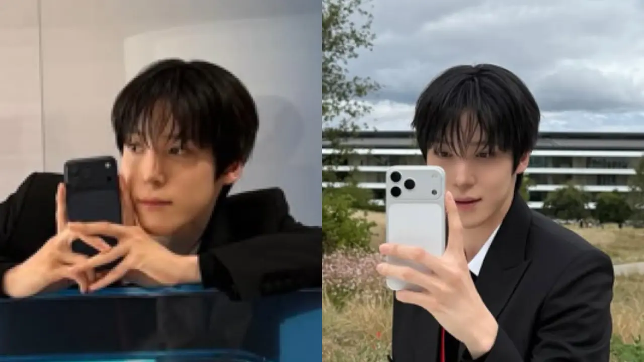 Potret Yunho ATEEZ Bawa iPhone 17 di acara peluncuran iPhone tersebut. [@yunou._.u]
