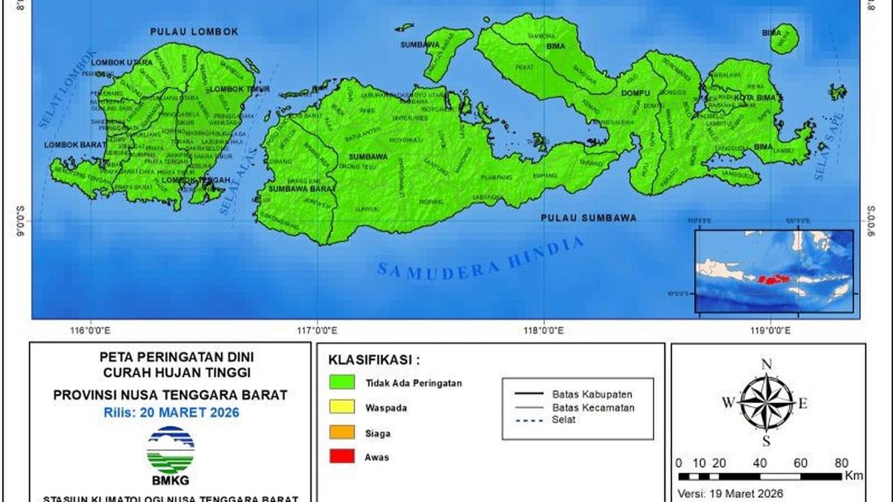 BMKG: Potensi Hujan NTB Kategori Menengah Masih Berlanjut Hingga Akhir Maret 2026