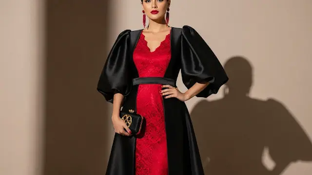 Long Dress Brokat Merah Model V-Neck + Outer Satin Hitam