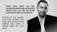 Teuku Zacky Umumkan Mundur dari Miss Universe Indonesia, Singgung Soal Otoritas.&nbsp; (dok.Instagram @teukuzacky/https://www.instagram.com/p/DJRRmYWv_I1/Henry)
