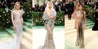Kim Kardashian berani telanjang mengenakan gaun Maison Margiela Couture karya John Galliano yang menampilkan korset berwarna perak dan rok berkabel tangan berbahan elemen logam. [@metgalaofficial_]