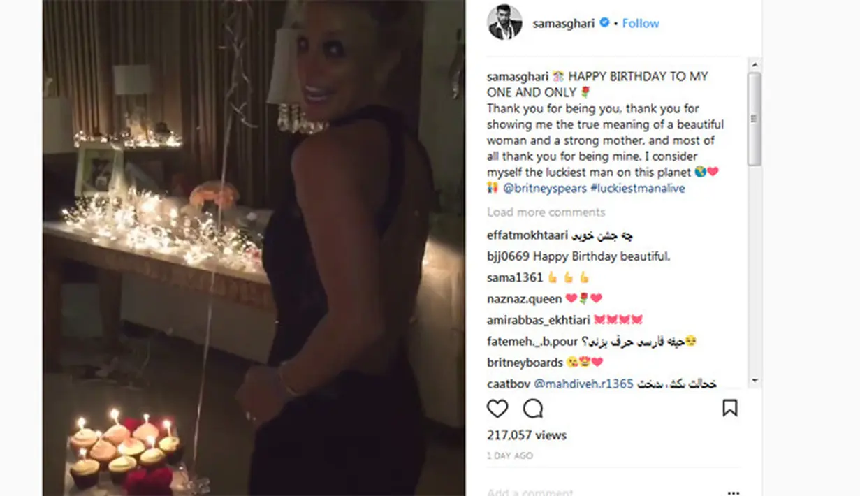 Bukan hanya Britney, Sam pun juga mengunggah video yang sama dan menyertakan tulisan romantis berupa ucapan selamat ulang tahun untuk sang kekasih tersayang.  (Instagram/britneyspears)