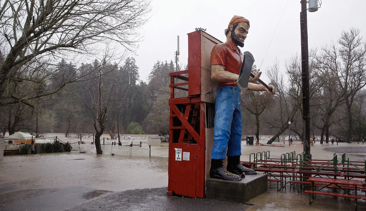 Sungai Rusia meluap akibat hujan badai yang melanda kawasan tersebut di Forestville, California, Selasa (10/1). Banjir tersebut memicu dievakuasinya lebih dari 3.000 orang penduduk dalam semalam di wilayah Guerneville. (AP Photo / Eric Risberg)