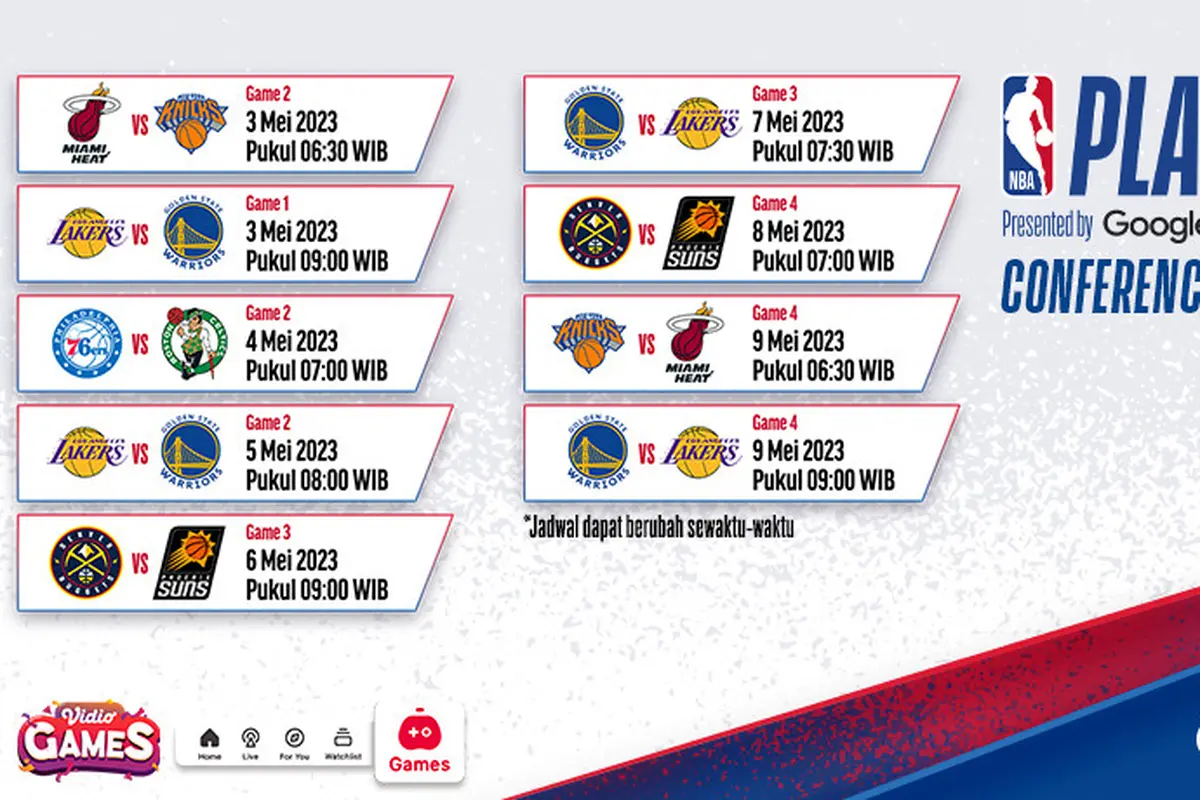 Jadwal NBA Conference Semifinals 2-9 Mei di Vidio : Miami Heat Vs New York Knicks, Golden State Warriors Vs LA Lakers