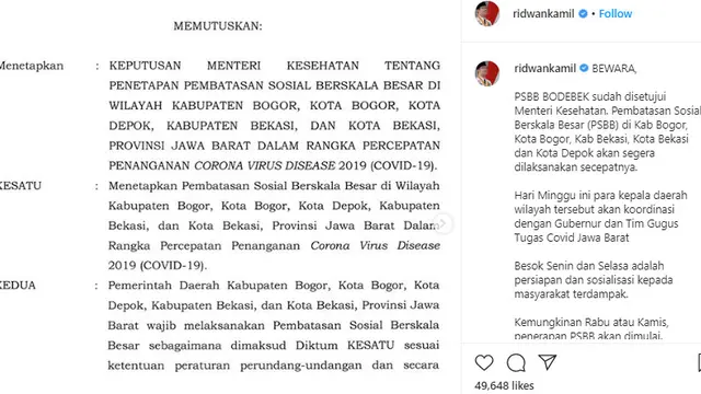 PSBB Kabupaten/Kota Bogor, Kabupaten/Kota Bekasi, dan Kota Depok (Bodebek) disetujui Menteri Kesehatan Terawan Agus Putranto.