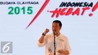 Menpora, Imam Nahrawi saat memberikan pidato pada perayaan Hari Olahraga Nasional ke-32 di Istora Senayan Jakarta, Rabu (9/9/2015). Haornas ke-32 bertema Gelorakan Budaya Olahraga untuk Indonesia Hebat. (Liputan6.com/Helmi Fithriansyah) 