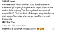 Surabaya menyabet gelar Kota Terpopuler (instagram @trirismaharini)