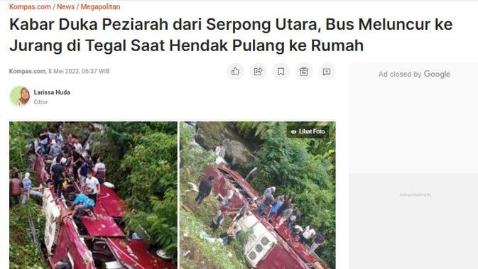 Tangkapan layar artikel situs kompas.com untuk menelusuri klaim foto bus pemudik masuk jurang,