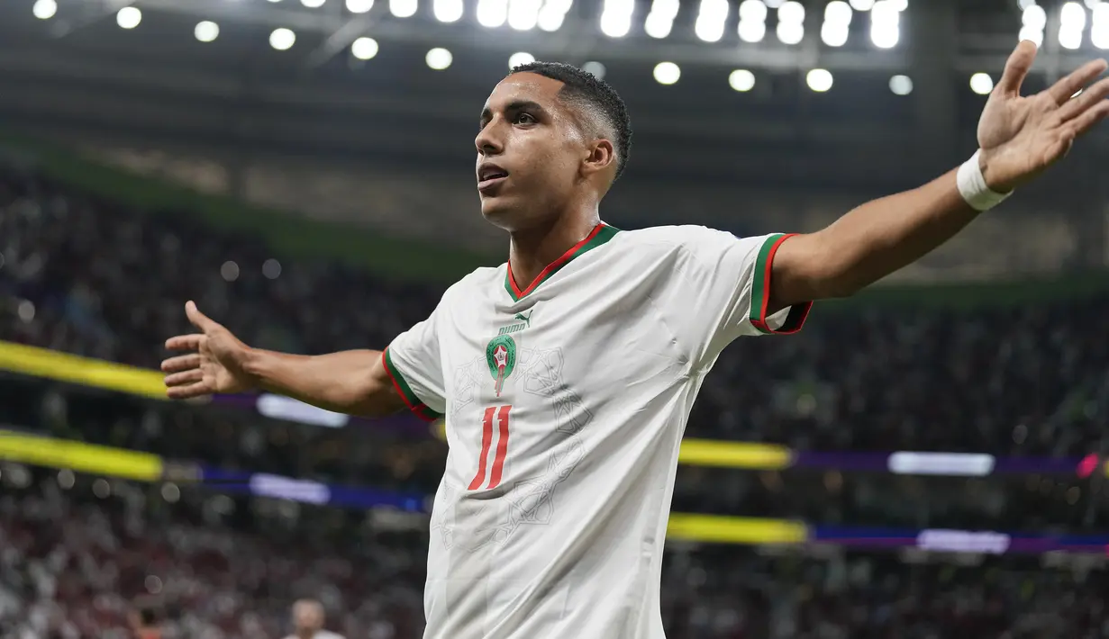 Maroko akhirnya unggul 1-0 pada menit ke-73 melalui gol Abdelhamed Sabiri. Gol dicetak via tendangan bebas dari sudut sempit yang tak mampu diantisipasi Thibaut Courtois. (AP/Frank Augstein)