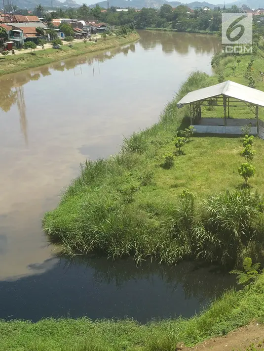 Foto udara Sungai Citarum di kawasan Cicukang, Bandung, Jawa Barat, Rabu (3/4). Pemerintah pusat menggagas program Citarum Harum untuk merevitalisasi sungai terpanjang di Jawa Barat tersebut. (Liputan6.com/Herman Zakharia)