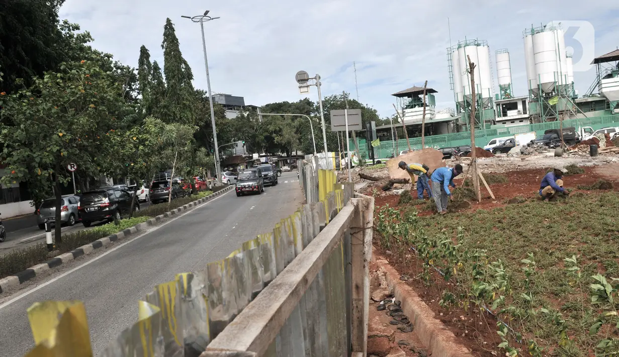 Pekerja menanam rumput saat menyelesaikan proyek revitalisasi Taman Danau Sunter, Jakarta, Senin (9/3/2020). Revitalisasi ini untuk mengubah lahan kosong sekitar Danau Sunter menjadi area pembibitan tanaman, taman interaktif warga, dan destinasi wisata air terpadu. (merdeka.com/Iqbal Nugroho)