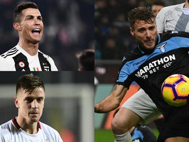 Penyerang anyar AC Milan, Krzysztof Piatek terus konsisten mencetak gol sejak kedatangan pemain 23 tahun tersebut ke San Siro. Tambahan dua gol ke gawang Atalanta membuanya menempel Cristiano Ronaldo di puncak. (Kolase Foto AFP)