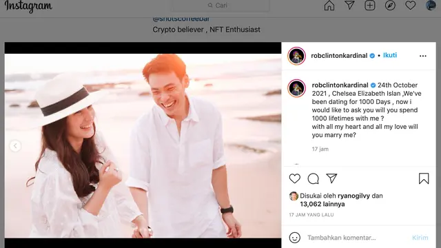 Unggahan Rob Clinton Kardinal, pacar Chelsea Islan. (Foto: Instagram @robclintonkardinal)