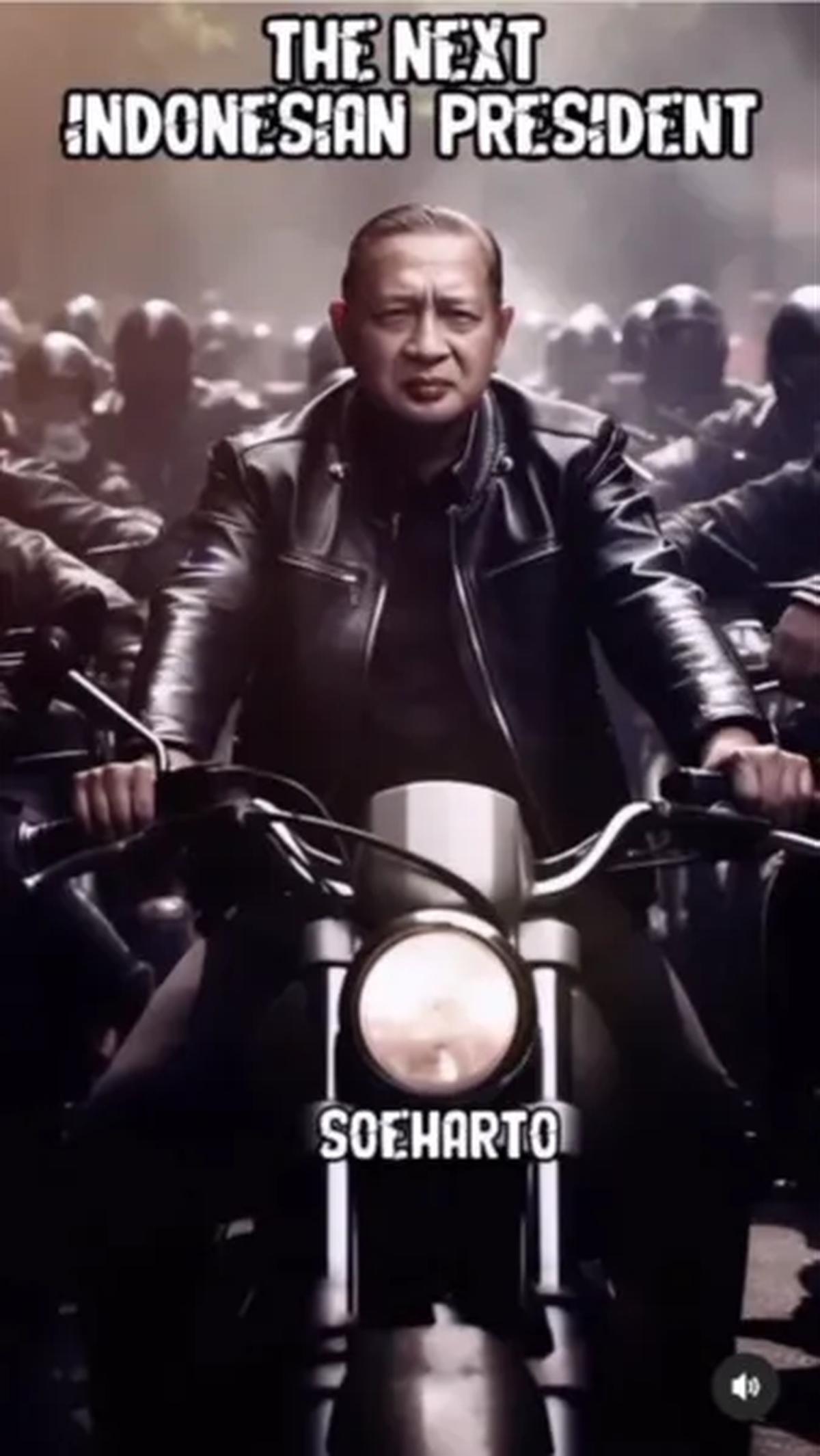 Selanjutnya adalah sosok Presiden kedua RI yakni Soeharto. Presiden dengan masa jabatan paling lama ini tampak macho bak anak geng motor. <br>