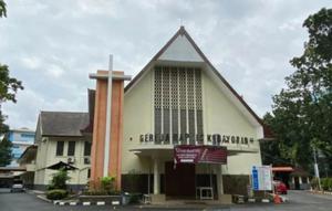 Pemandangan tampak depan Gereja Baptis Indonesia Kebayoran, Jakarta Selatan (Jaksel). (Antara)