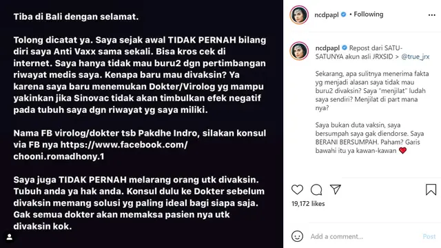 Nora Alexandra - Jerinx SID (Foto: Instagram/@ncdpapl)
