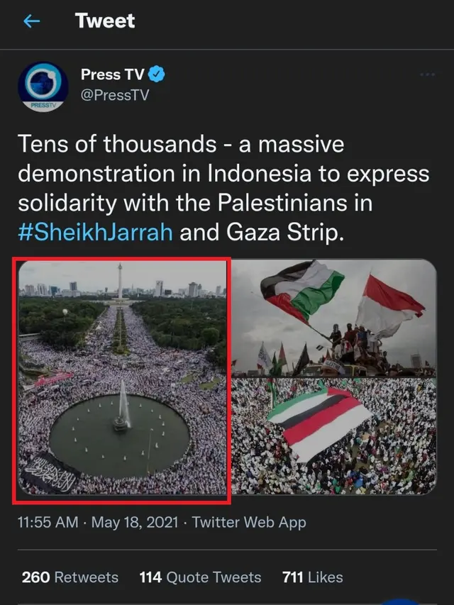 Akun Twitter media Iran Press TV mengunggah status ada demo besar untuk bela Palestina. (Screenshot)