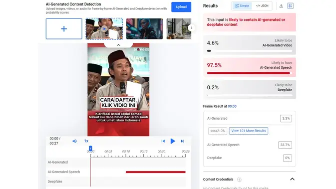 Video klaim Ustaz Abdul Somad bicara mengenai bantuan dana hibah dari Arab Saudi menunjukkan hasil AI. (Foto: tangkapan layar Hive Moderation)