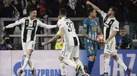 Cristiano Ronaldo merayakan gol ke gawang Atletico Madrid dalam leg kedua 16 besar Liga Champions 2018-2019 di Allianz Stadium, Rabu dini hari WIB (13/3/2019). (AFP/Filippo Monteforte)