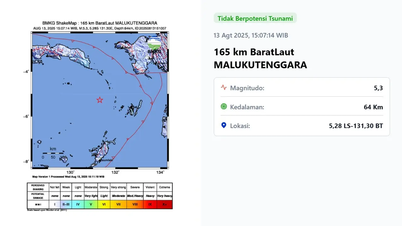 Gempa hari ini, Rabu (13/8/2025) sore hari pukul 15:07:14 WIB, terjadi di wilayah Kabupaten Maluku Tenggara, Provinsi Maluku.