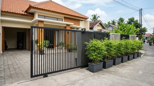 Inspirasi Pagar Besi dengan Bambu Hias agar Halaman Lebih Teduh Model Geser dengan Bambu Pot