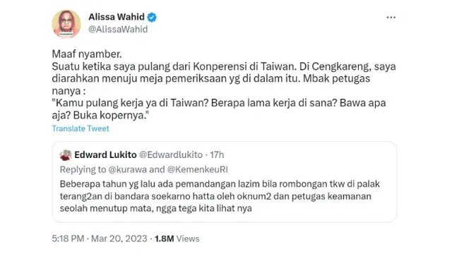 Kicauan Alissa Wahid yang Diperlakukan Kurang Sopan Oleh Petugas Bandara Soekarno - Hatta, Tangerang, Banten, yang Diduga Adalah Petugas Bea Cukai Seperti Kasus Fatimah Zahratunnisa Viral di Twitter (Tangkapan Layar: @AlissaWahid)