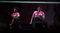 Ganda putra Indonesia, Muhammad Shohibul Fikri/Bagas Maulana mengalahkan Ren Xiang Yu/Tan Qiang (China) 21-14, 21-14 pada 16 besar Indonesia Masters 2023 di Istora, Jakarta, Kamis (26/1/2023). (Bola.com/Bagaskara Lazuardi)