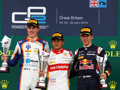 Pebalap Indonesia, Rio Haryanto, kembali meraih juara di Sprint Race GP2 Seri Inggris yang berlangsung di Sirkuit Silverstone, Inggris. Minggu (5/7/2015). (GP2 Media Service)