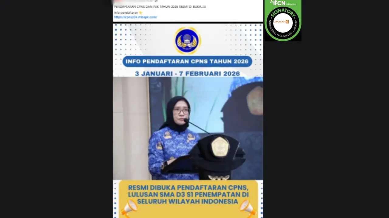 Tangkapan layar postingan klaim link atau tautan pendaftaran CPNS 2026 pada 3 Januari - 7 Februari yang beredar di Facebook.