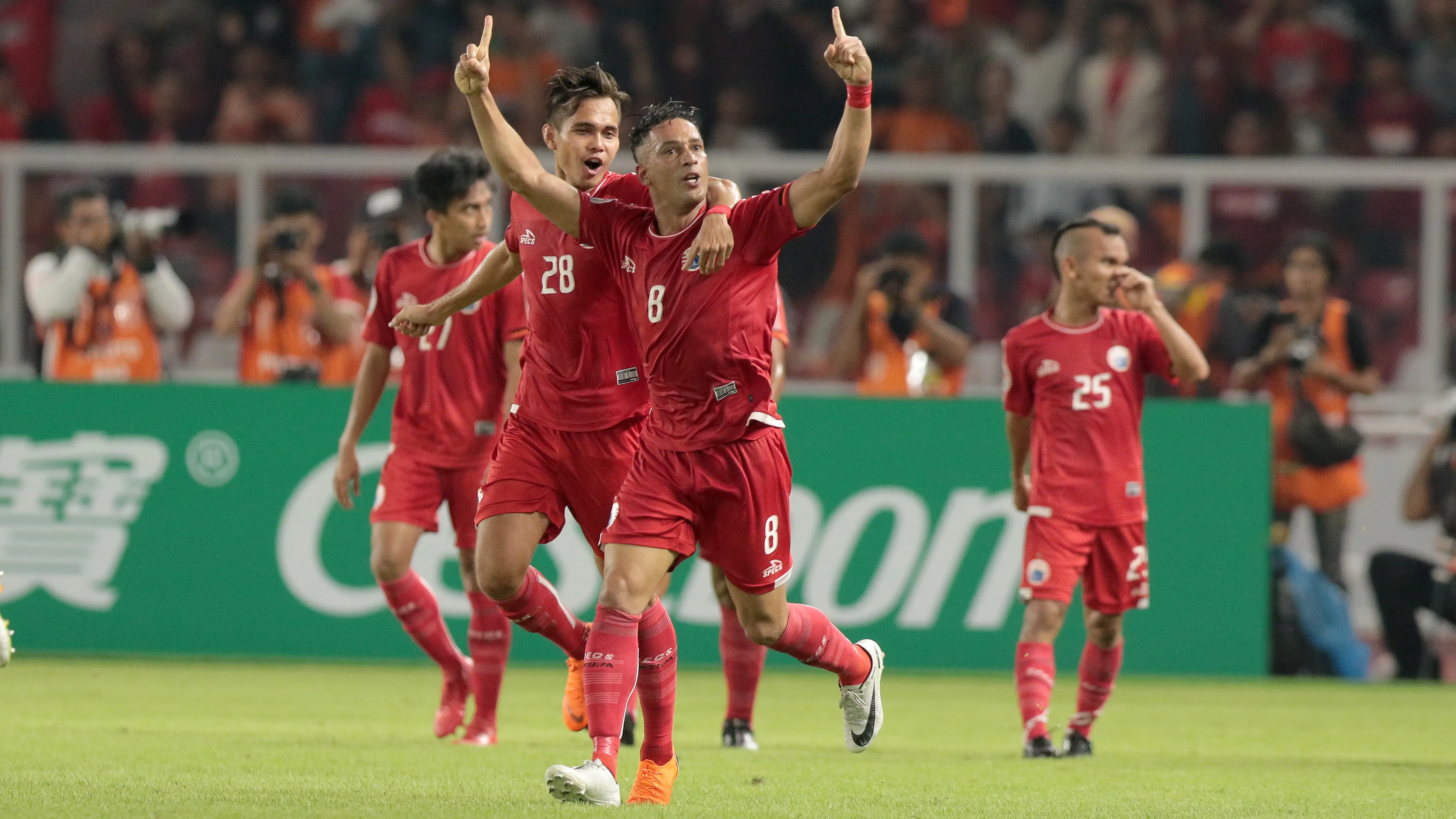 Pemain Persija Jakarta Addison Oliveira merayakan gol ke gawang Song Lam Nghe An FC pada laga Piala AFC 2018 di Stadion Utama GBK, Senayan, Jakarta, (13/3/2018). Persija Jakarta menang 1-0. (Bola.com/Nick Hanoatubun)