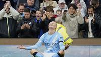 Selebrasi gol&nbsp;Erling Haaland pada laga Manchester City vs Manchester United pada pekan ke-4 Premier League 2025/2026 -&nbsp;AP Photo/Dave Thompson