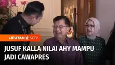 Ketua Umum Partai Demokrat, Agus Harimurti Yudhoyono menyambangi kediaman politisi senior Partai Golkar yang juga mantan wakil presiden, Jusuf Kalla, Senin (15/5) malam. Di mata Jusuf Kalla, AHY dinilai memiliki kemampuan untuk menjadi calon wakil pr...
