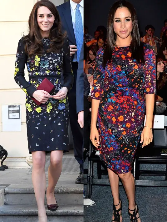Lagi-lagi dengan gaun biru. Kali ini Kate Middleton dan Meghan Markle memakai gaun dengan model belahan dada rendah. Hayo, lebih cantik mana senyumnya? (Getty Images/Cosmopolitan)