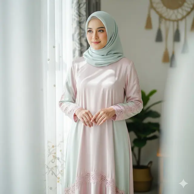 Dress Panjang Renda Kombinasi Satin Muslim