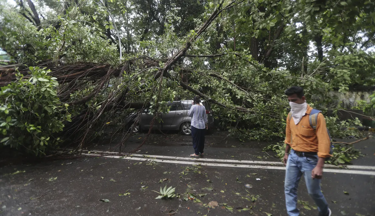 Seorang pria berjalan melewati dahan pohon yang tumbang setelah hujan lebat di Mumbai, India, Rabu, (6/8/2020). Musim hujan India berlangsung dari Juni hingga September. (AP Photo / Rafiq Maqbool)