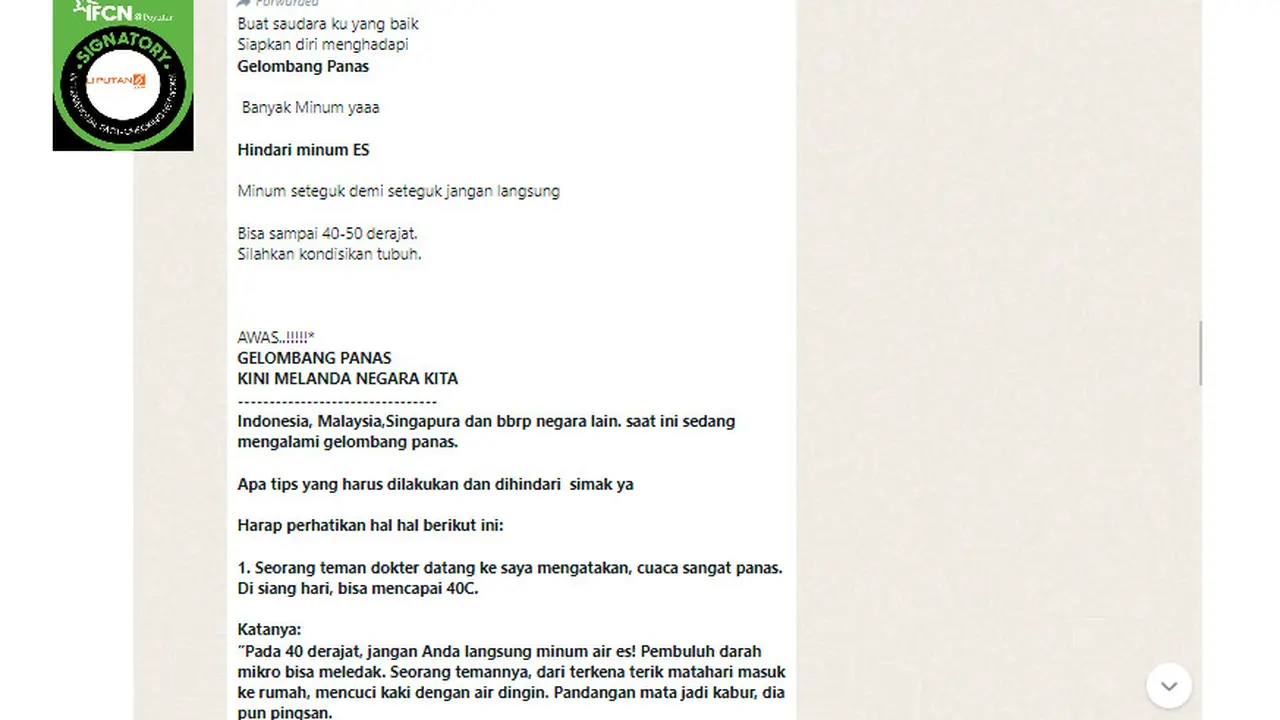 Tangkapan layar informasi gelombang panas melanda Indonesia dan bahaya jika meminum air dingin