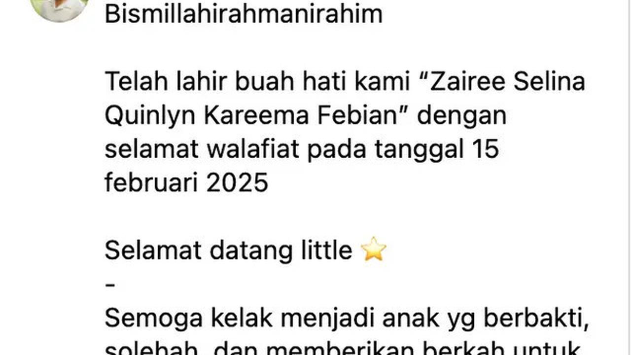 Mahalini Melahirkan Bayi Perempuan, Rizky Febian Umumkan Nama Zairee Selina Quinlyn Kareema