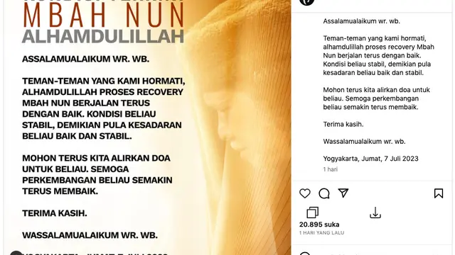 Kondisi Cak Nun Berangsur Membaik dan Stabil, Doa Terus Mengalir untuk Suami Novia Kolopaking