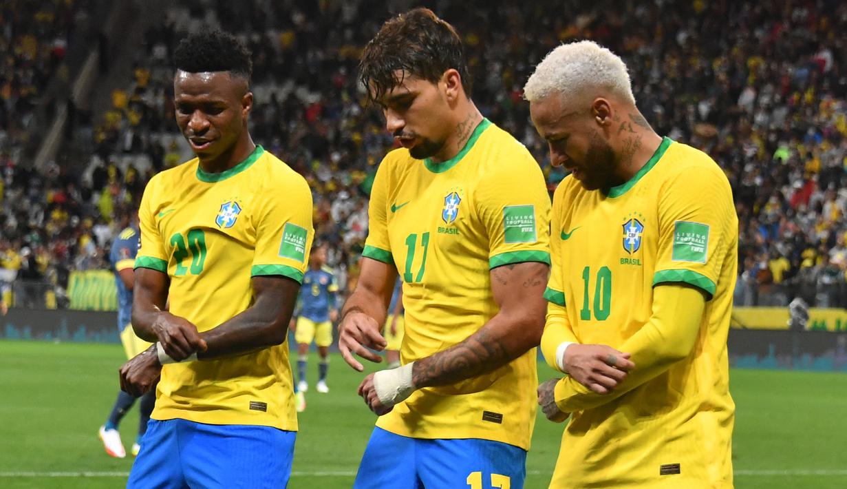 Brasil telah dipastikan lolos ke putaran final Piala Dunia 2022 di Qatar akhir tahun nanti. Mereka dipastikan akan membawa skuat terbaiknya, termasuk para penyerang yang jadi andalan di lini depan. Seperti 5 pemain berikut yang berkompetisi di liga top Eropa. (AFP/Nelson Almeida)