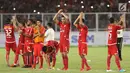 Pemain Persija merayakan kemenangan atas Arema FC pada lanjutan Go-Jek Liga 1 Indonesia 2018 bersama Bukalapak di Stadion GBK Jakarta, Sabtu (31/3). Persija unggul 3-1. (Liputan6.com/Helmi Fithriansyah)