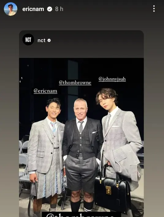 Eric Nam bersama Johnny NCT dan Thom Browne di peragaan busana Thom Browne di New York Fashion Week 2023. (Instagram/ ericnam)