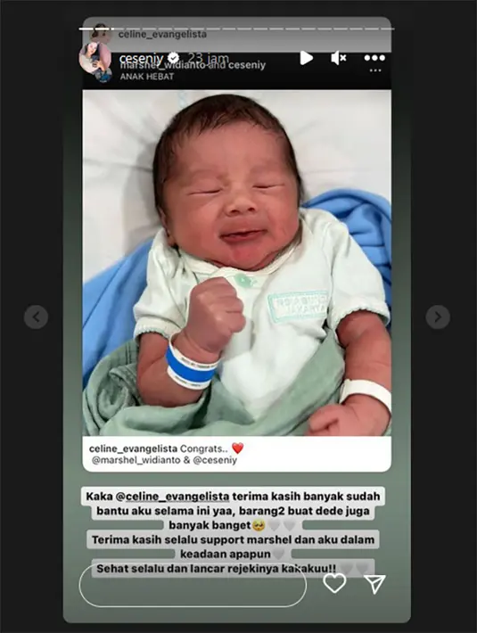 Istri Marshel pun mengucapkan terima kasih kepada Celine yang selama ini banyak membantu. Selain itu juga selalu membantu dan memberikan support Marshel dan keluarganya. [Instagram/ceseniy]