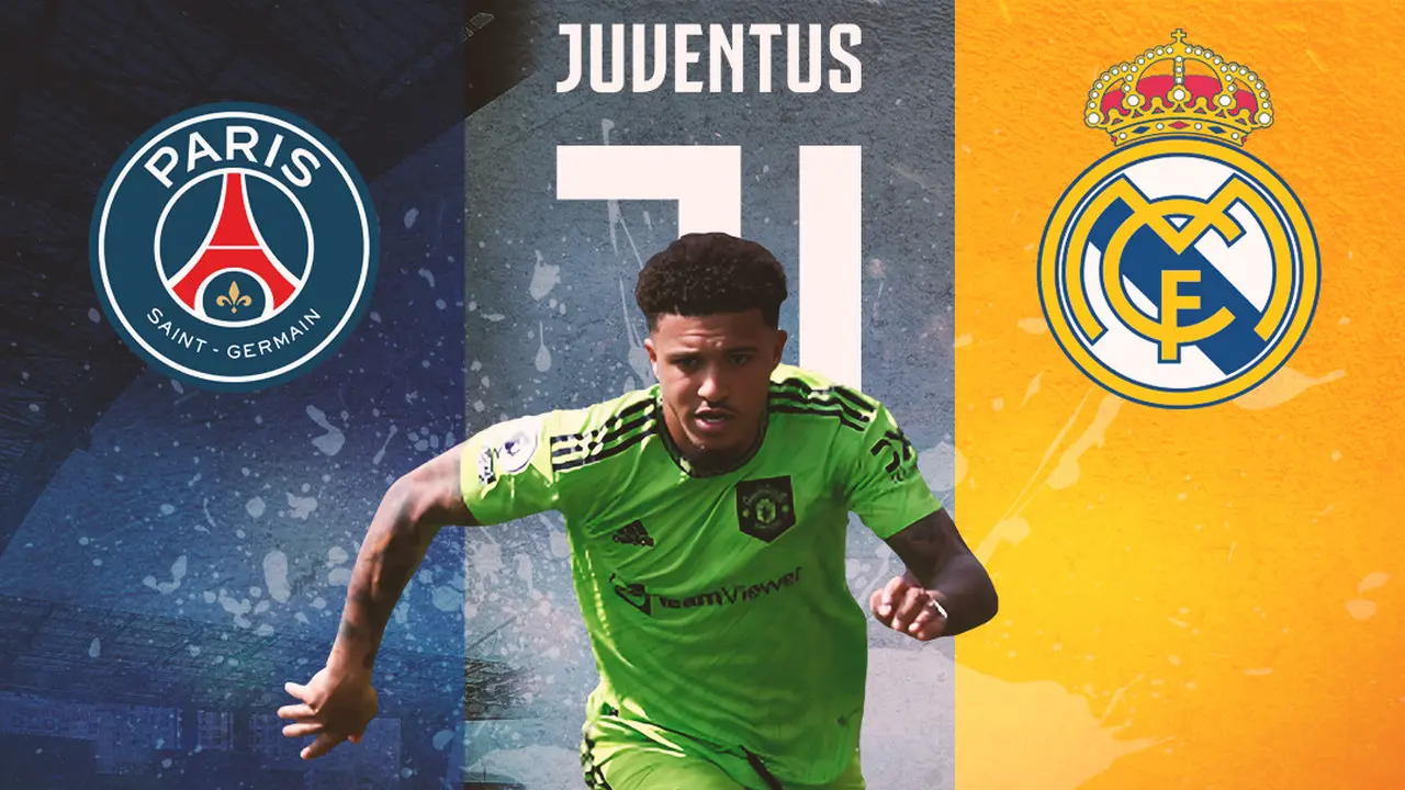 Ilustrasi - Jadon Sancho dan logo klub-klub Real Madrid, Juventus, PSG