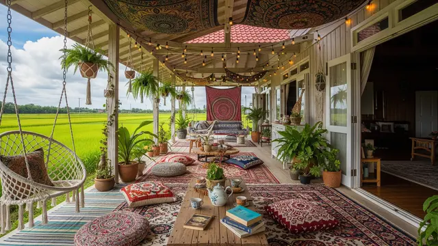 Desain Rumah Pedesaan dengan Teras Lebar Menghadap Sawah (Gambar: Gemini AI)