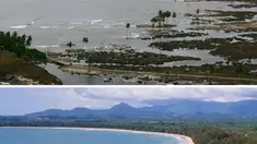 Gambar kombinasi yang dibuat pada tanggal 29 November 2024 ini menunjukkan pemandangan udara dari daerah yang terkena dampak tsunami 26 Desember 2024 di Sampoiniet di Kabupaten Aceh Jaya, Provinsi Aceh pada tanggal 6 Januari 2005 (atas) dan daerah yang sama pada tanggal 16 November 2024. (Foto oleh: Philippe DESMAZES dan Chaideer MAHYUDDIN/AFP)