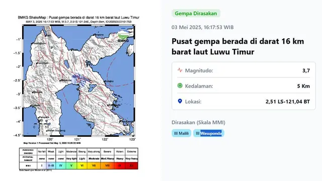 gempa bumi magnitudo 3,7 getarkan wilayah Luwu Timur, Sulawesi Selatan (Sulsel) Sabtu (3/5/2025).